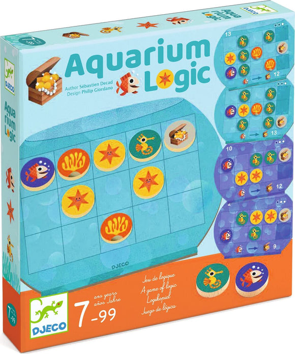 Aquarium Logic by DJECO is a colorful mechanical puzzle game designed to engage children aged 7 and up. The box showcases vibrant underwater imagery with playful fish, starfish, and corals. It features a clear layout displaying puzzle pieces and logical challenges, encouraging critical thinking and problem-solving skills. This educational toy promises hours of fun as kids navigate through various levels of complexity, making it a perfect gift for budding puzzlers.