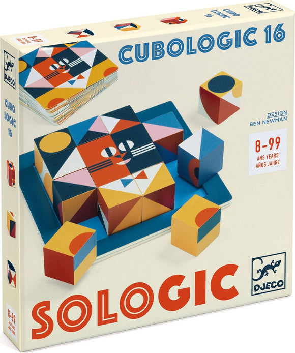 Cubologic 16 Sologic by DJECO, featuring colorful geometric blocks arranged playfully on a blue base. The packaging showcases vibrant designs with an illustration of a cat face, ideal for ages 8-99. A mechanical puzzle that encourages creativity and problem-solving skills.