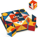 The Cubologic 16 Sologic from DJECO is a colorful mechanical puzzle featuring geometric shapes in red, blue, yellow, and pink. The puzzle assembly depicts a whimsical character with large, expressive eyes and a bowtie. Several blocks are scattered around, showcasing various shapes and vibrant colors, inviting playful interaction and problem-solving.