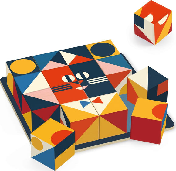The Cubologic 16 Sologic from DJECO is a colorful mechanical puzzle featuring geometric shapes in red, blue, yellow, and pink. The puzzle assembly depicts a whimsical character with large, expressive eyes and a bowtie. Several blocks are scattered around, showcasing various shapes and vibrant colors, inviting playful interaction and problem-solving.