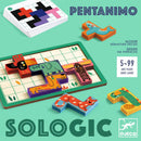 The Pentanimo Sologic mechanical puzzle by DJECO displays colorful animal-shaped pieces. The pieces fit onto a green grid board, creating fun patterns. Includes illustration card with design challenges.