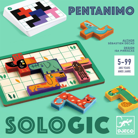 The Pentanimo Sologic mechanical puzzle by DJECO displays colorful animal-shaped pieces. The pieces fit onto a green grid board, creating fun patterns. Includes illustration card with design challenges.