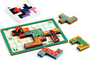Pentanimo Sologic by DJECO, a wooden mechanical puzzle featuring colorful animal-shaped pieces. The pieces fit together on a grid-based board, and a stack of challenge cards is included for varied gameplay.