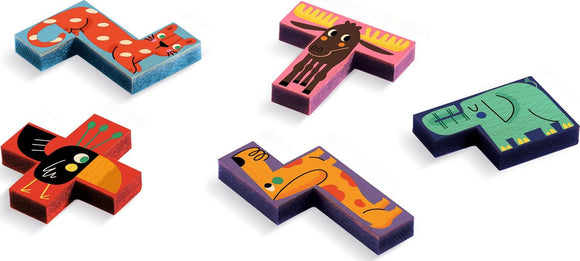 Pentanimo Sologic by DJECO, a colorful mechanical puzzle featuring uniquely shaped, animal-themed pieces, perfect for enhancing spatial reasoning skills and creativity.