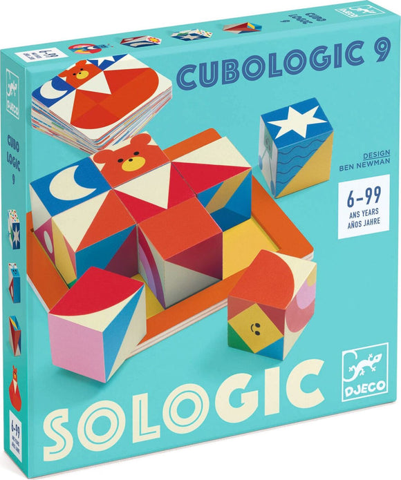 Cubologic 9 Sologic puzzle set by DJECO, featuring colorful geometric blocks with playful designs. Ideal for ages 6 and up, it's a fun and educational mechanical puzzle that challenges spatial reasoning and creativity.