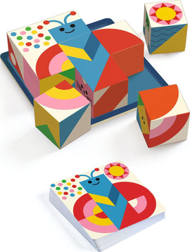 DJECO's Cubologic 9 Sologic mechanical puzzle featuring colorful geometric blocks. The set includes vibrant pieces shaped like animals and abstract designs, with a base tray for assembly. Engaging and educational, perfect for developing problem-solving skills in children.