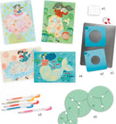 Creative DIY kit titled 'Dress Patterns Spirals' by DJECO, featuring vibrant illustrations of women in colorful dresses, decorative templates, and colorful pens. Includes various stencils and components for making spiral designs.