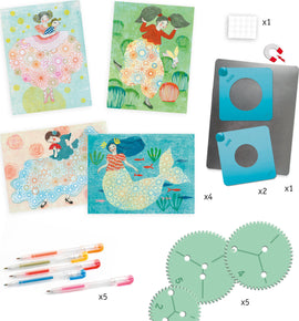 Creative DIY kit titled 'Dress Patterns Spirals' by DJECO, featuring vibrant illustrations of women in colorful dresses, decorative templates, and colorful pens. Includes various stencils and components for making spiral designs.