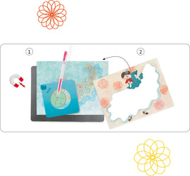 DJECO Dress Patterns Spirals DIY kit featuring colorful patterned overlays, a drawing tool, and artistic stencils to create unique designs. The kit showcases a sweet illustration of a girl in a polka-dot dress, surrounded by floral patterns, and includes a magnetic base for easy usage.
