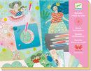 A colorful DIY kit titled 'Dress Patterns Spirals' by DJECO. The kit includes a spiral drawing tool, decorative pattern papers, and vibrant pens. The background features whimsical illustrations of girls and floral motifs, showcasing the artistic potential of the kit for creative projects.