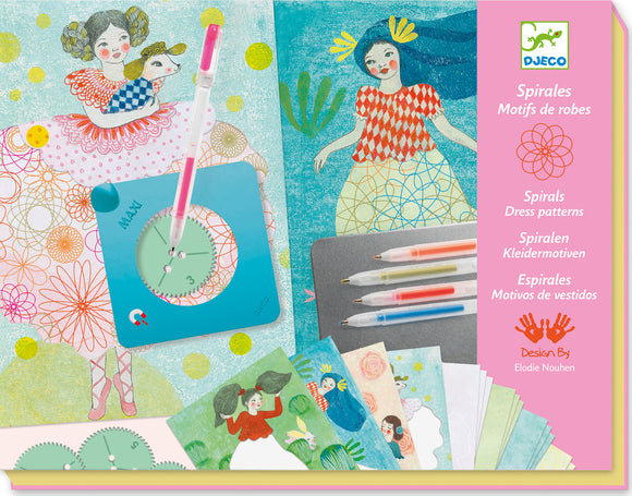 A colorful DIY kit titled 'Dress Patterns Spirals' by DJECO. The kit includes a spiral drawing tool, decorative pattern papers, and vibrant pens. The background features whimsical illustrations of girls and floral motifs, showcasing the artistic potential of the kit for creative projects.