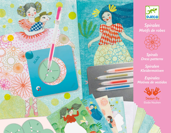 DJECO's Dress Patterns Spirals DIY kit featuring colorful paper designs, a circular pattern tool, and vibrant pens. Includes various spiral-themed templates with playful illustrations of girls and animals, providing a creative outlet for crafting unique dress patterns.