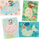 A colorful assortment of dress patterns featuring whimsical designs. The illustrations include a girl in a blue dress with a floral design, a girl with a red top carrying large pigtails, a girl in a pink dress holding a dog, and a mermaid with flowing hair swimming among fish. Each design is vibrant and playful, ideal for a DIY crafting experience.