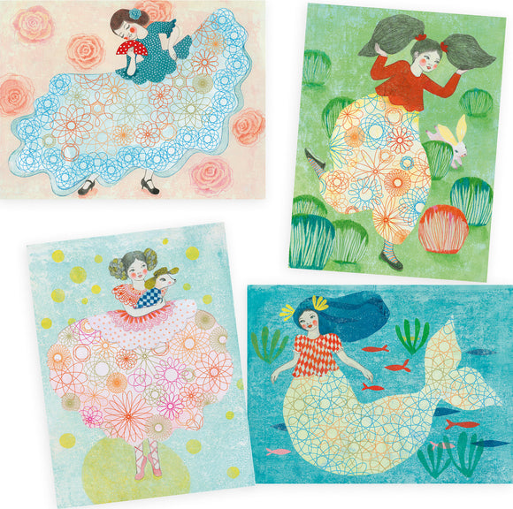 A colorful assortment of dress patterns featuring whimsical designs. The illustrations include a girl in a blue dress with a floral design, a girl with a red top carrying large pigtails, a girl in a pink dress holding a dog, and a mermaid with flowing hair swimming among fish. Each design is vibrant and playful, ideal for a DIY crafting experience.