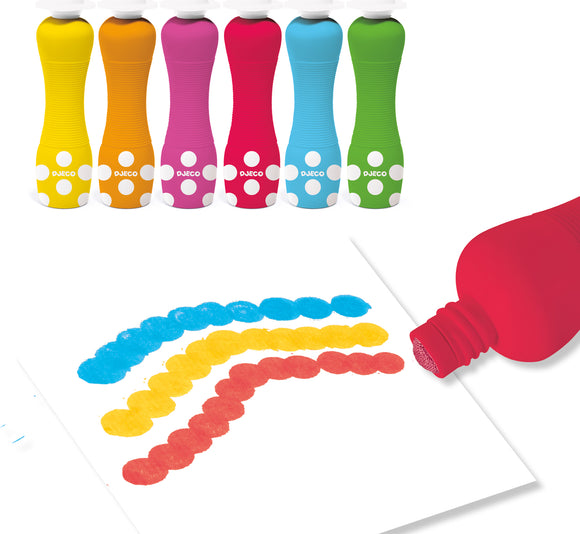 Set of six foam paint spot markers by DJECO, featuring vibrant colors including yellow, orange, pink, blue, green, and red. The markers have a unique ergonomic design for easy grip and application, with a smooth tip for creating bold dots and patterns. They are showcased next to a white sheet of paper, which displays colorful dotted lines in blue, yellow, and red, demonstrating their artistic potential.