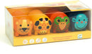 A colorful set of four self-inking stamps featuring safari animals, including a lion, a giraffe, a parrot, and a monkey. The stamps are designed with vibrant colors and playful facial expressions, presented in a clear plastic packaging for easy visibility.