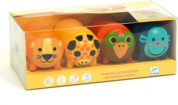 A colorful set of four self-inking stamps featuring safari animals, including a lion, a giraffe, a parrot, and a monkey. The stamps are designed with vibrant colors and playful facial expressions, presented in a clear plastic packaging for easy visibility.