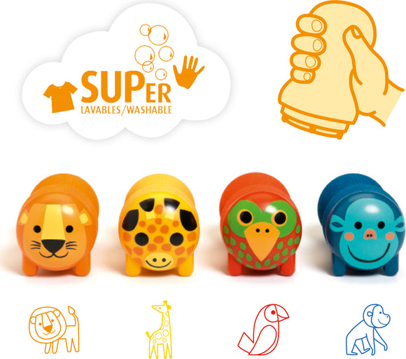Colorful DIY kit featuring animal stamps from DJECO, including a lion, giraffe, parrot, and monkey. Each stamp is well-designed for children, encouraging creativity through art. The stamps are washable and durable, making them perfect for repeated use in crafting activities.