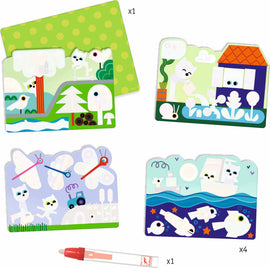 A colorful DIY kit titled 'Hidden in the Garden Paint with Water' by DJECO. The kit includes a green dotted mat and four illustrated panels featuring whimsical garden scenes with animals and plants. A red-tipped paintbrush is also included for creating vibrant artwork.