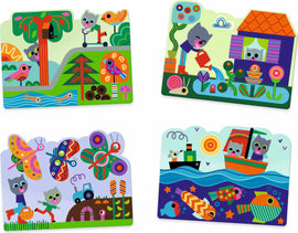 A colorful DIY kit called 'Hidden in the Garden Paint with Water' by DJECO. The kit features four charming, illustrated scenes showcasing playful animals and vibrant outdoor activities. The images depict a variety of nature-themed elements including butterflies, flowers, and a boat scene, designed for children to engage creatively with water painting techniques.