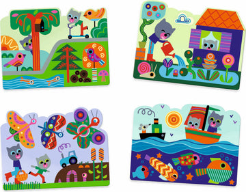 A colorful DIY kit called 'Hidden in the Garden Paint with Water' by DJECO. The kit features four charming, illustrated scenes showcasing playful animals and vibrant outdoor activities. The images depict a variety of nature-themed elements including butterflies, flowers, and a boat scene, designed for children to engage creatively with water painting techniques.