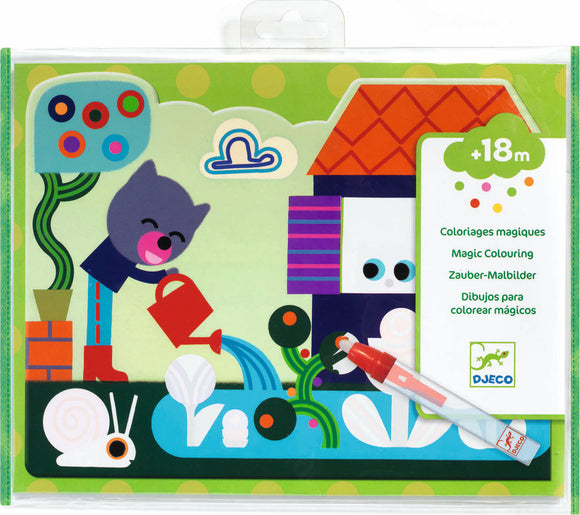 Hidden in the Garden Paint with Water DIY kit by DJECO featuring colorful illustrations of a happy animal watering plants. Includes a water pen for interactive play, designed for children over 18 months.