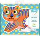A colorful DIY kit titled "Paint with Water Animals" by DJECO, featuring a vibrant image of a playful orange cat with blue stripes and big eyes on a turquoise background dotted with yellow circles. A red marker is included, ideal for kids 18 months and older. The package is designed to spark creativity through magic coloring activities.