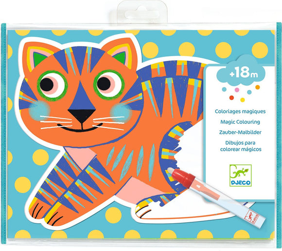 A colorful DIY kit titled "Paint with Water Animals" by DJECO, featuring a vibrant image of a playful orange cat with blue stripes and big eyes on a turquoise background dotted with yellow circles. A red marker is included, ideal for kids 18 months and older. The package is designed to spark creativity through magic coloring activities.