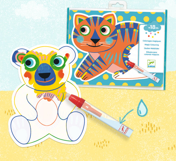 A colorful DIY kit titled 'Paint with Water Animals' by DJECO, featuring two cartoon-like animal characters: a bear and a tiger. Each character is outlined and can be colored using a special water pen included in the kit. The background shows a playful, sandy scene with soft clouds, illustrating a fun, creative atmosphere for children aged 18 months and up.