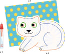 DJECO Paint with Water Animals DIY kit featuring a cute cartoon cat design outlined on a blue background with yellow polka dots. Includes a water marker for coloring.