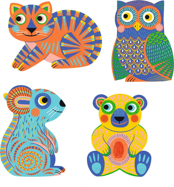 A colorful DIY kit by DJECO titled 'Paint with Water Animals'. This kit features vibrant illustrations of various animals, including a playful cat, an owl, a cheerful mouse, and a cute bear, all designed with bright patterns and colors suitable for creative painting activities.