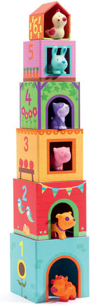 Topanifarm by DJECO, a colorful stacking toy featuring animal figurines in each block. The toy consists of six blocks with playful designs, promoting early learning through counting and animal recognition.