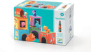 Topanifarm by DJECO is a colorful stacking toy set featuring various animal figurines, ideal for young children. The box showcases vibrant illustrations of the toys in a playful farm setting, promoting imaginative play and fine motor skills.