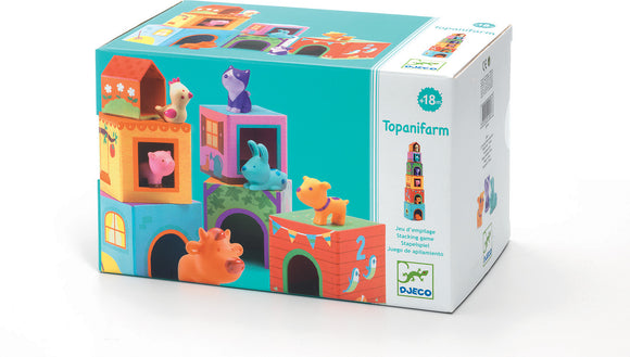 Topanifarm by DJECO is a colorful stacking toy set featuring various animal figurines, ideal for young children. The box showcases vibrant illustrations of the toys in a playful farm setting, promoting imaginative play and fine motor skills.