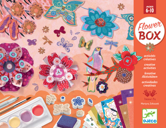 The Flower Garden Multi-Activity Craft Kit by Djeco features vibrant and colorful components, including decorative flowers, butterfly stamps, and art supplies designed for children aged 6-10 to explore their creativity through DIY projects. The kit promotes imaginative play, encouraging kids to create unique floral designs and mixed media art.