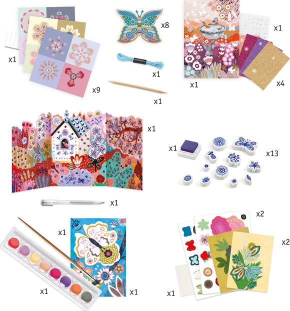 The Flower Garden Multi-Activity Craft Kit from Djeco, featuring a variety of craft materials including colorful butterfly cutouts, watercolor paints, decorative stickers, a crafting tool, and beautiful patterned papers for creating unique floral projects. This DIY kit encourages creativity and artistic expression in children.