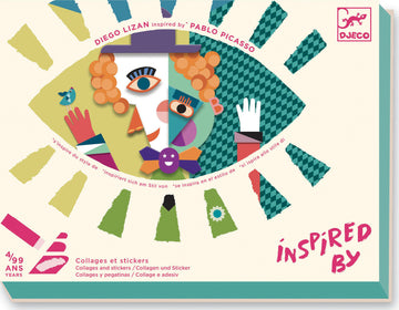 Square Heads Inspired by Picasso Sticker Collage Kit from DJECO. Features colorful and abstract designs influenced by Pablo Picasso, ideal for creative DIY projects. Encourages artistic expression and creativity in children aged 4 and up.