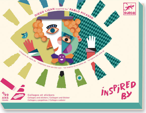 Square Heads Inspired by Picasso Sticker Collage Kit from DJECO. Features colorful and abstract designs influenced by Pablo Picasso, ideal for creative DIY projects. Encourages artistic expression and creativity in children aged 4 and up.