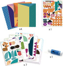 Square Heads Inspired by Picasso Sticker Collage Kit by DJECO. The kit includes four colorful backgrounds, seven sticker sheets featuring various shapes and designs, and a glue stick for creative DIY projects. Ideal for artistic exploration and play.
