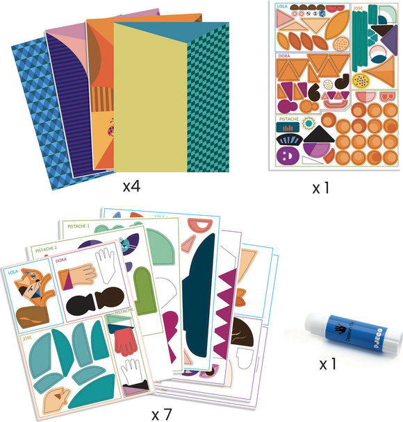 Square Heads Inspired by Picasso Sticker Collage Kit by DJECO. The kit includes four colorful backgrounds, seven sticker sheets featuring various shapes and designs, and a glue stick for creative DIY projects. Ideal for artistic exploration and play.