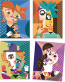 DJECO's Square Heads Inspired by Picasso Sticker Collage Kit showcases four vibrant sticker designs featuring abstract characters with playful colors and shapes. Ideal for creative DIY projects, this kit encourages artistic expression and imagination in children.