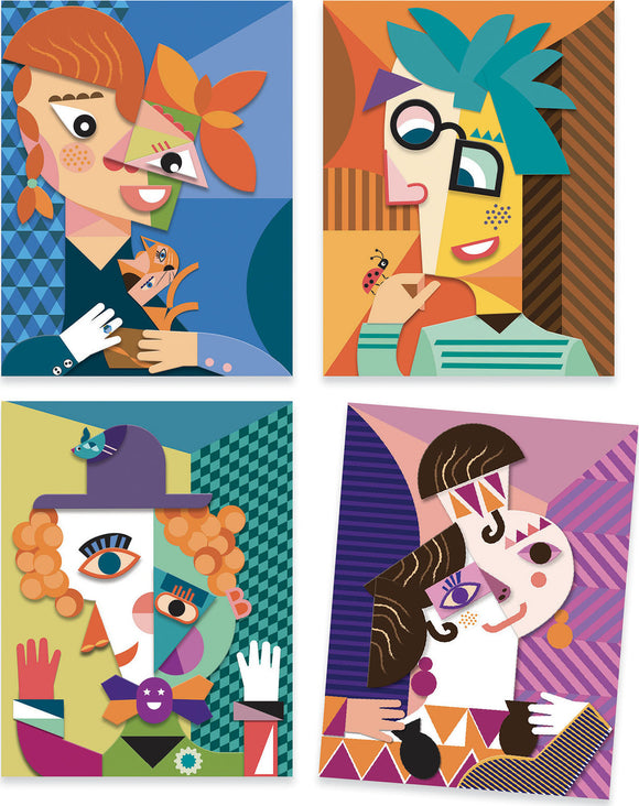 DJECO's Square Heads Inspired by Picasso Sticker Collage Kit showcases four vibrant sticker designs featuring abstract characters with playful colors and shapes. Ideal for creative DIY projects, this kit encourages artistic expression and imagination in children.