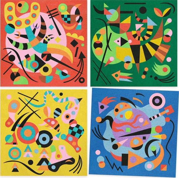 A collection of four vibrant, abstract designs featuring colorful shapes and patterns. The images include playful geometrical forms in red, green, yellow, and blue backgrounds, showcasing a variety of artistic styles and vivid colors, perfect for a DIY creative activity.