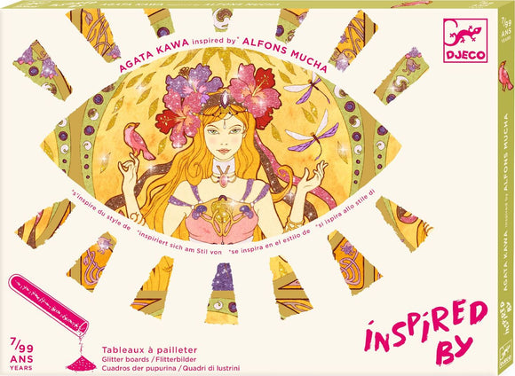 Divine Glitter Boards by DJECO featuring a colorful design inspired by Alphonse Mucha. Perfect DIY kit for creative projects with glitter. Recommended for ages 7 and up, this kit enhances artistic skills and encourages imaginative play.