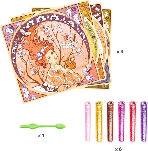 DJECO Divine Glitter Boards DIY kit featuring four beautifully illustrated boards depicting whimsical characters and nature scenes, alongside six glitter tubes in various colors and one application tool. Perfect for creative kids to craft and decorate.