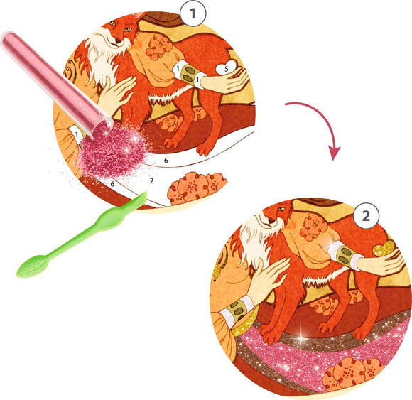 DJECO Divine Glitter Boards DIY kit showcasing two-step sparkle application. The first image shows a tube dispensing pink glitter onto a partially completed illustration featuring a fox and floral patterns. The second image displays the finished artwork, now shimmering with the added glitter, enhancing the vibrant colors of the design.