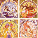 A collection of four beautifully illustrated square boards featuring enchanting designs. Each board depicts a woman interacting with nature: one with an owl, another with a fox, one adorned with flowers and a bird, and the last surrounded by cherry blossoms. The intricate details and glitter elements add a magical touch, perfect for creative DIY projects.