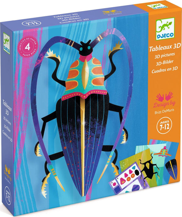 DJECO's Paper Bugs Paper Creation DIY kit features a vibrant 3D beetle design. The colorful packaging displays a variety of creative elements including paper sheets, stickers, and instructions for assembling the insects, ideal for children aged 7-12 who love arts and crafts.
