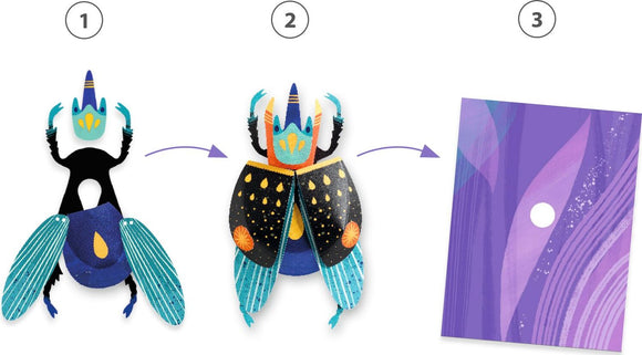 DJECO's Paper Bugs Paper Creation DIY kit showcases a vibrant step-by-step process of assembling colorful paper insects. The image displays three stages: starting with individual components, then the partially assembled bug, and finally the completed insect against a patterned background. Perfect for creative exploration and hands-on fun.