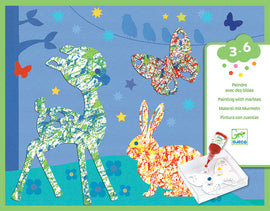 Colorful Parade Marble Painting Kit by DJECO for ages 3 to 6. The kit includes vibrant marbles for painting playful animal shapes like a deer, rabbit, and butterfly on a colorful background. Ideal for creative hands-on art activities, encouraging imagination and fine motor skills in young children.
